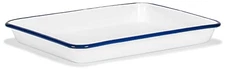11" x 9" Enamelware Metal 2 Qt Rectangular Serving Tray, White/Navy Blue Rim