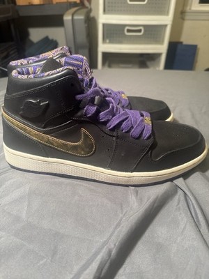 Jordan Air Jordan 1 Mid Top Leather Basketball Sneakers Black Purple Gold