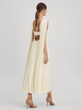 REISS Loreli Pleated Cape Sleeve Midi Dress in Lemon