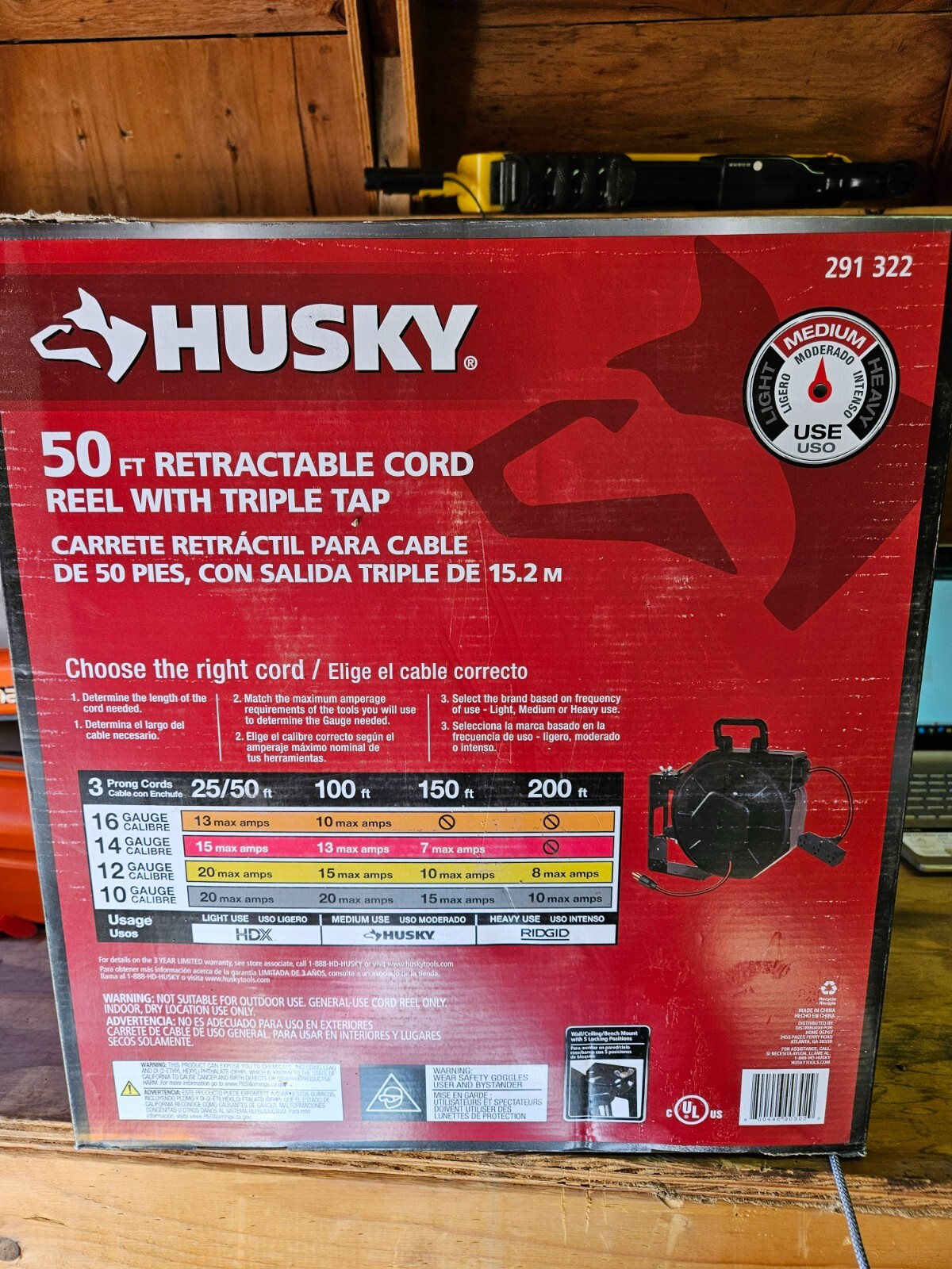 NEW Husky 50 ft Retractable Cord Reel With Triple Tap And Handle, Model