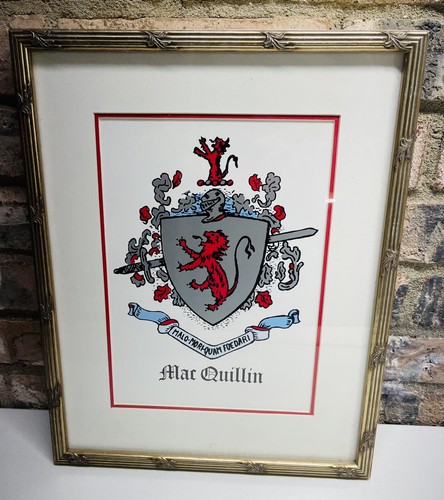 Vintage Hand Painted Coat Of Arms Mac Quillin Surname W/Latin Motto & Lion Crest
