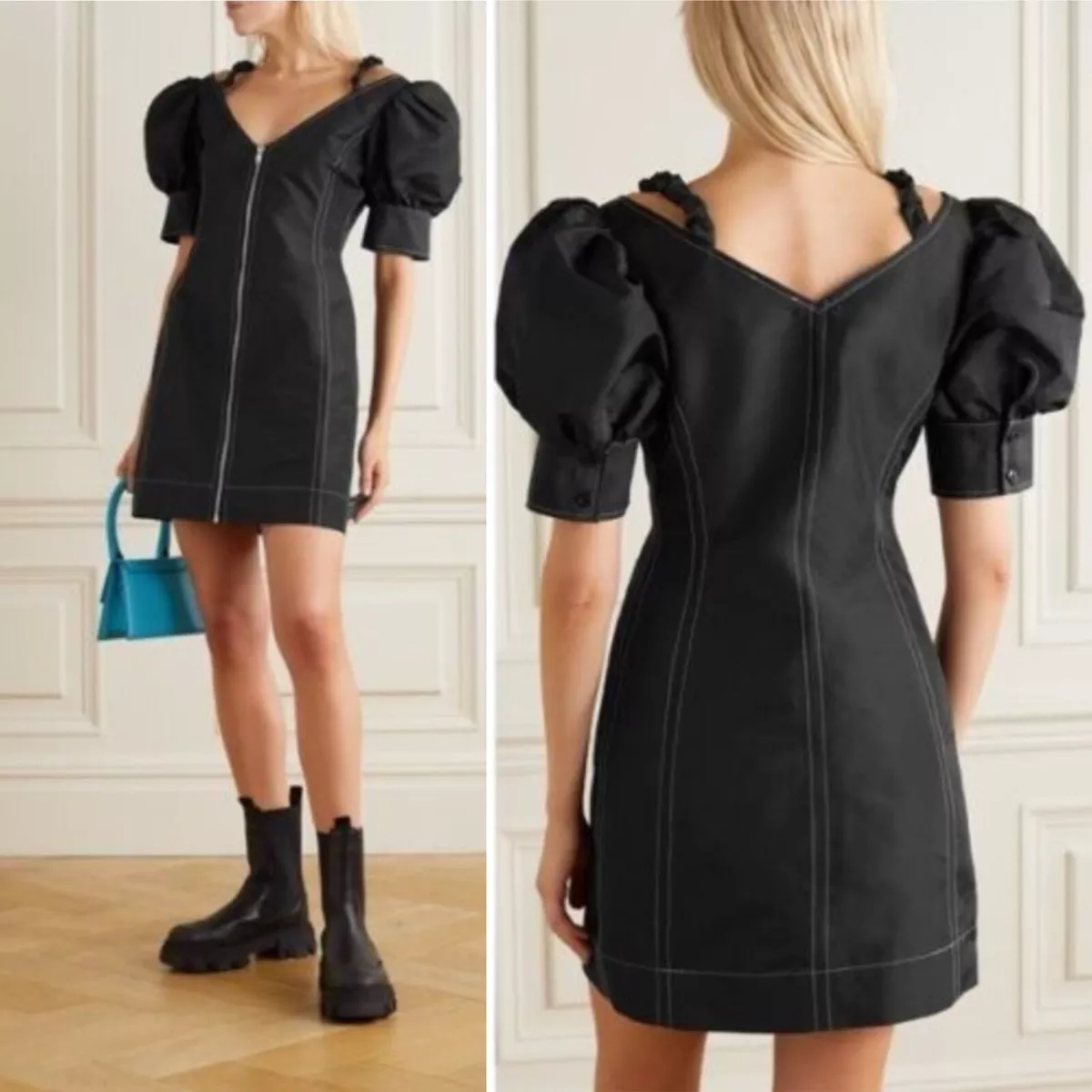 GANNI Taffeta Puff Sleeve V Neck Front Zipper Topstitched Black Minidress 36 NEW