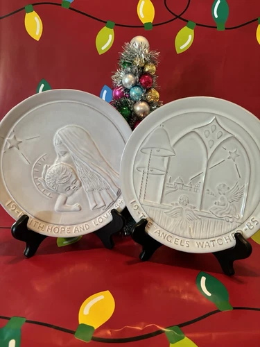 Frankoma Set 1984 & 1985 Xmas Plates “Faith, Hope & Love” & “The Angels Watched”