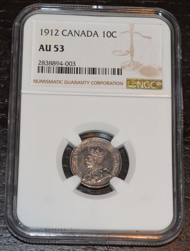 1912 Silver 10C Canada Graded by NGC as AU 53