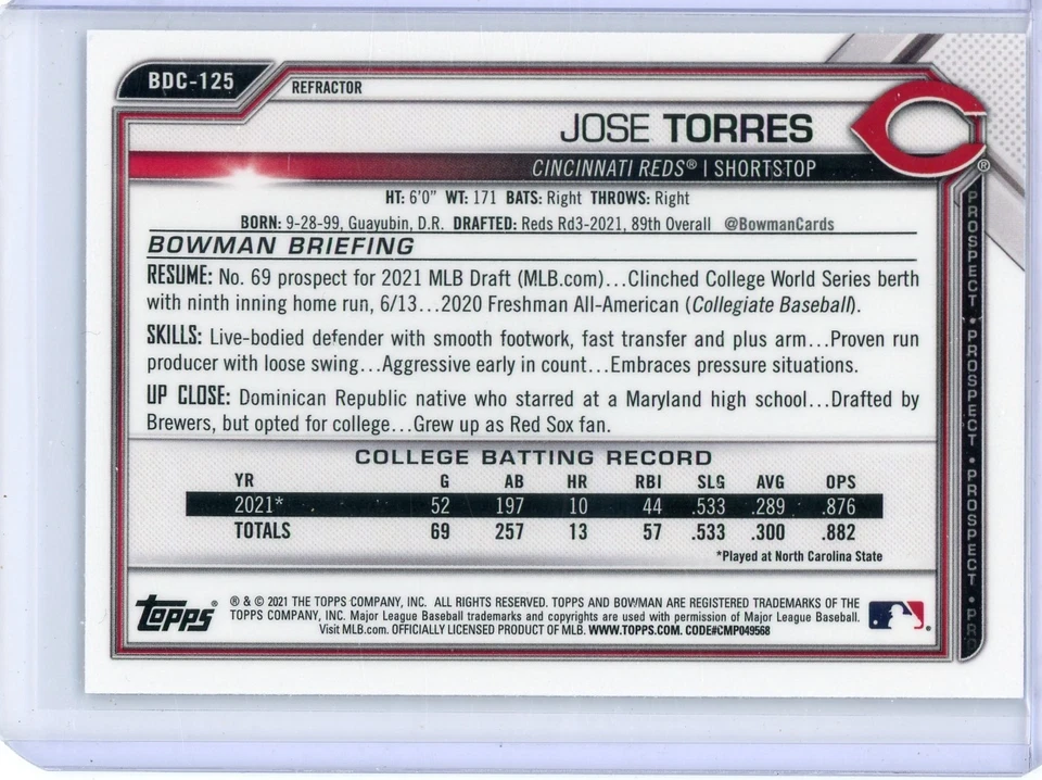 2021 Bowman Chrome Draft Jose Torres Cincinnati Reds 1st Bowman Refractor Card - Image 2 of 2