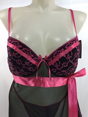 Very Sexy Lingerie 3x Baby Doll and Thong Panty Black Pink Ribbon Dress  PLUS New