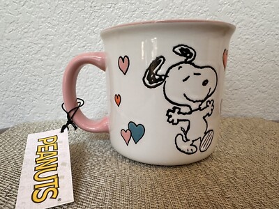 Peanuts Snoopy Happy Dance Hearts Pink Inside Ceramic Coffee Mug Tea Cup NEW