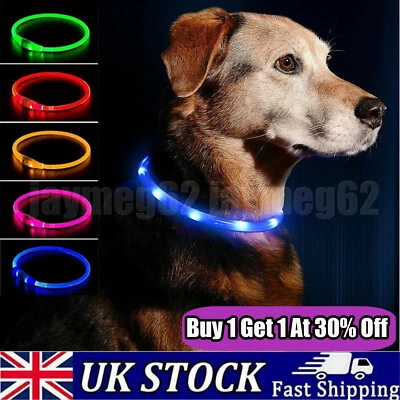USB Rechargeable LED Dog Pet Collar Flashing Size Adjustable Flashing Safety UK - Image 1 of 4