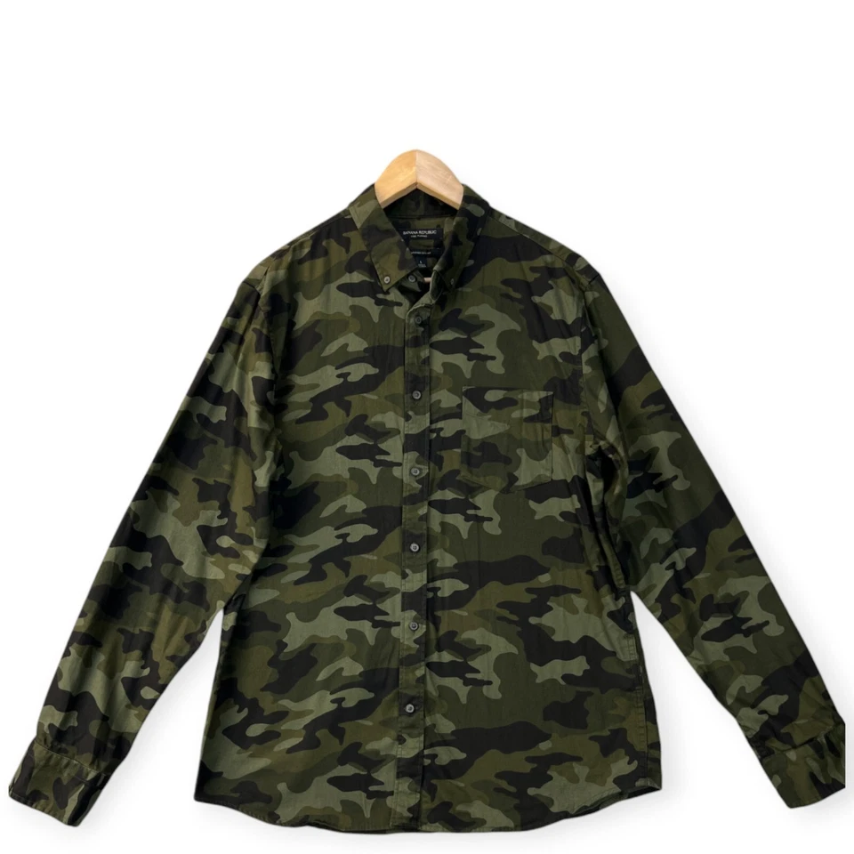 Camisa Camuflada Banana Republic Para Hombres Talla Grande Franela de Lujo Desacogida Calce Ajustado Oxford Foto 2 de 4