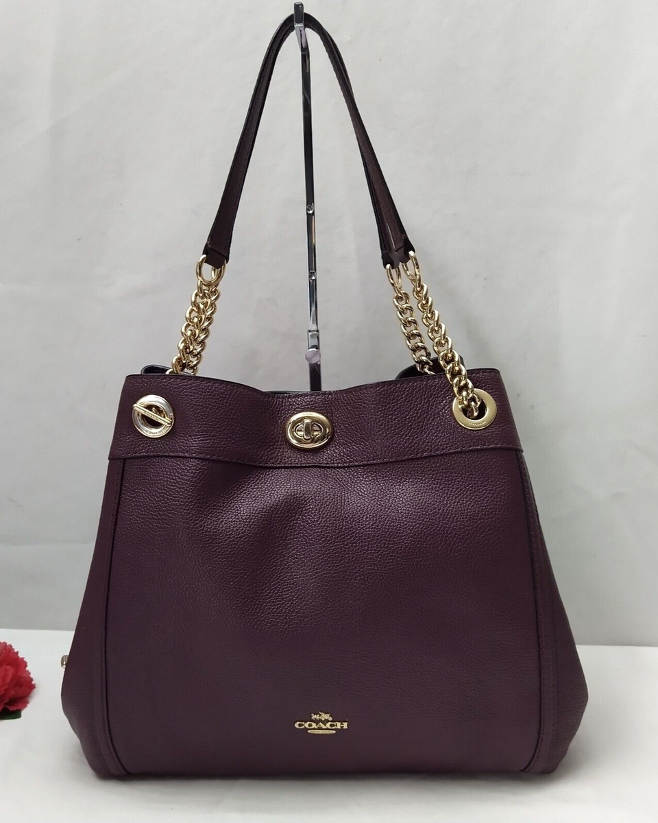 Coach Edie Purple Pebbled Leather Turnlock Chain Strap Shoulder