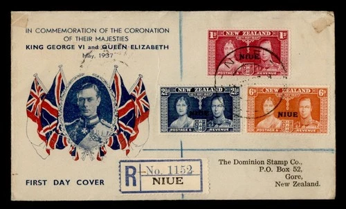 DR WHO 1937 NEW ZEALAND NIUE OVPT FDC KGVI CORONATION CACHET COMBO M70792