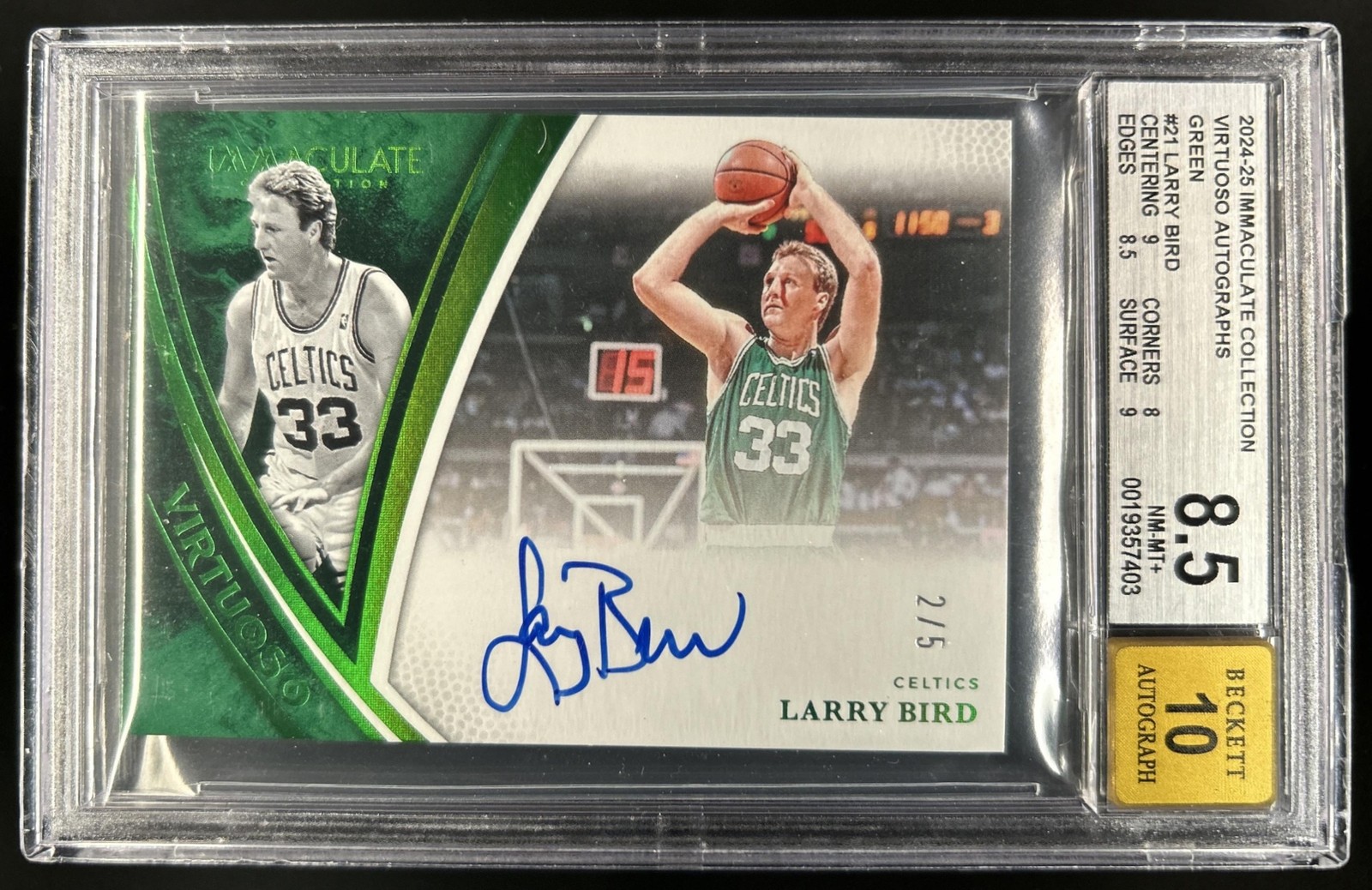 2024-25 Immaculate Collection Larry Bird Virtuoso Auto Green #/5 BGS 8.5/10 view 1
