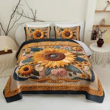 Sunflower Quilt Set Queen Size,Yellow Floral Print Quilt Bedding for Girls an...
