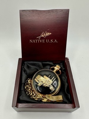 Native U.S.A. Semi Truck Quartz Pocket Watch Gold Tone with Chain & Wooden Box