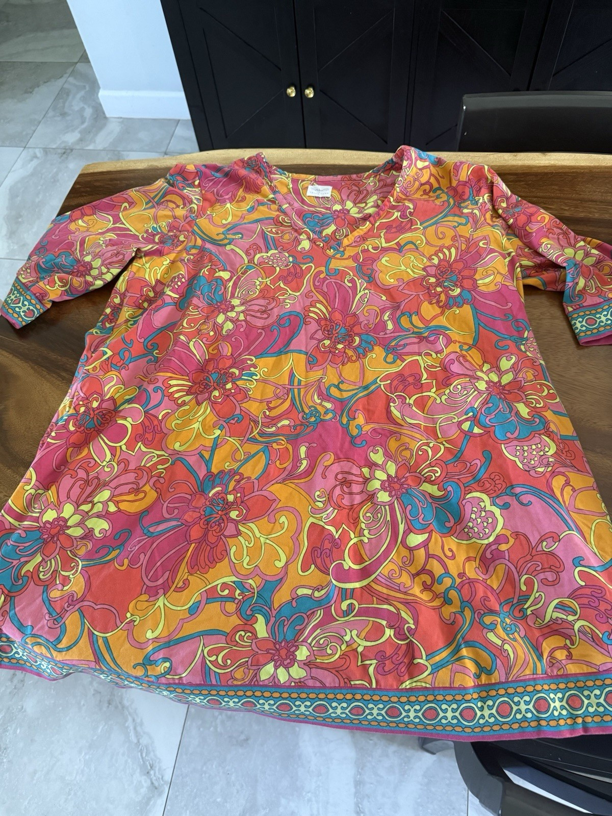 Trina Turk Multicolor Floral Silk Satin Tunic Dress V-Neck 3/4 Sleeve S Women