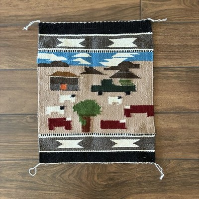 Navajo Hand Woven Pictorial Textile Wall Hanging Ranch Farm Cow Sheep 15'' x 18''