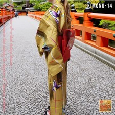 Vintage Japanese Kimono Yellow with Butterfly Pattern, Silk, Beautiful Condition