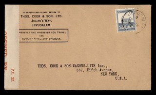 DR WHO 1942 PALESTINE JERUSALEM TO USA WWII CENSORED R93973