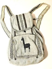 Peruvian Woven Backpack Native Inca Llama Light Gray Drawstring boho