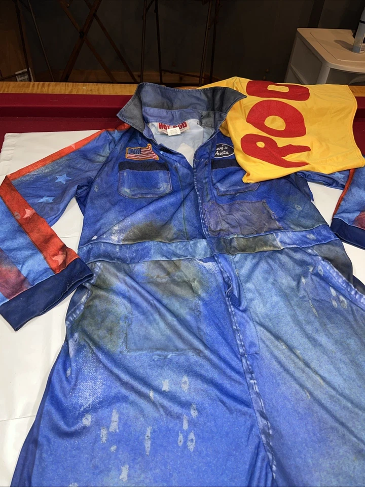 Hot Rod Super Hero Full Body Suit Blue Yellow Cape Large Mens Halloween Funny Lg - Image 4 of 4