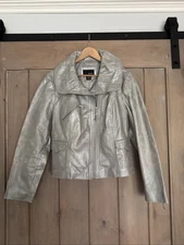 Mixit Silver Womens Large Authentic Leather Zipper Jacket Wide Collar