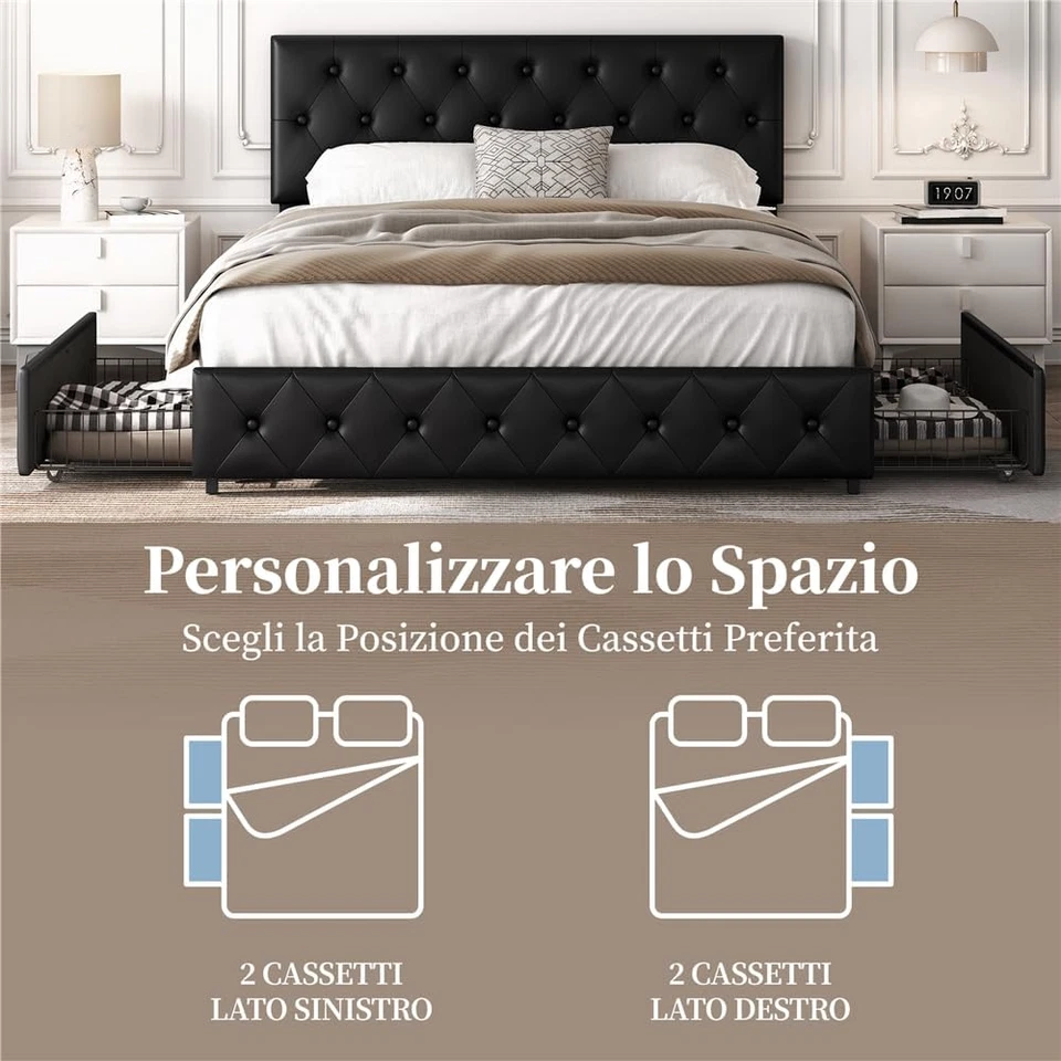 Letto Imbottito Matrimoniale 160 X 200 Cm Con 2 Cassetti Letto Contenitore Con S - Immagine 4 di 4