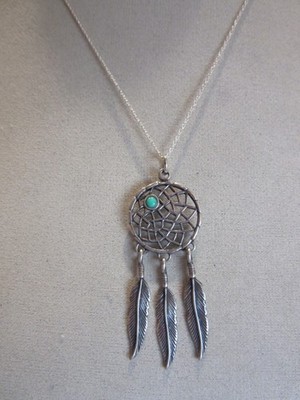 SW design 925 Dreamcatcher with feathers /turquoise bead necklace - 17'' chain