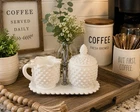 Vintage White Hobnail Milk Glass Creamer Sugar Bowl Lid Tray Set Chrome Handle