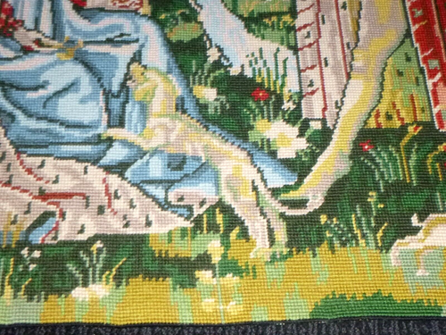 Vtg 60s Completed Needlepoint Tapestry Gift of The Heart Medieval Scene 30.5x24 - Picture 9 of 17