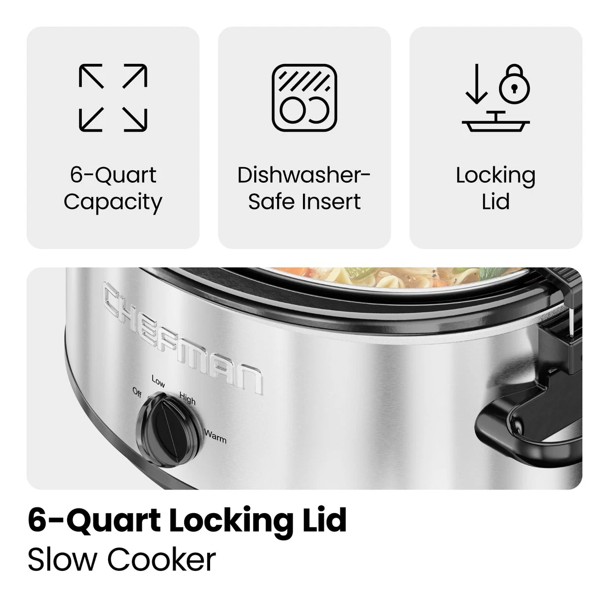 Chefman RJ15-6-LL-V2 6 Qt. Slow Cooker w/ Locking Lid and Three  