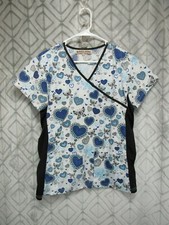 Green Town Scrub Top Size S Blue Pull Over Short Sleeve V Neck Pockets Hearts
