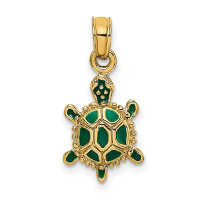 14K Yellow Gold w/ Green Enamel 3-D Land Turtle Pendant