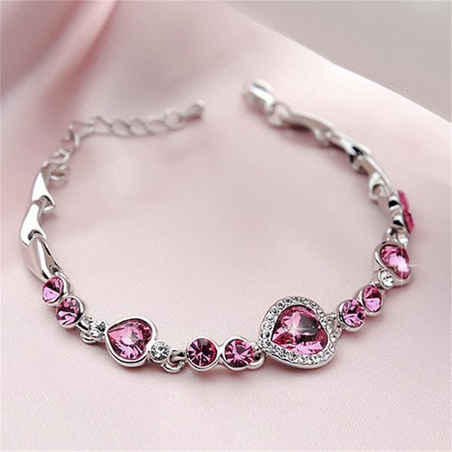 925 Silver Crystal Heart Linked Charm Bracelet Womens Wedding Jewellery Gifts - Picture 6 of 20