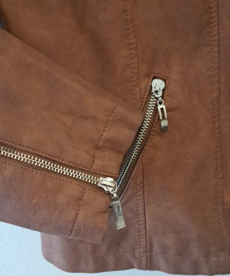 Chicos Faux Leather Moto Jacket Abstract Fabric Womens Brown Size Large