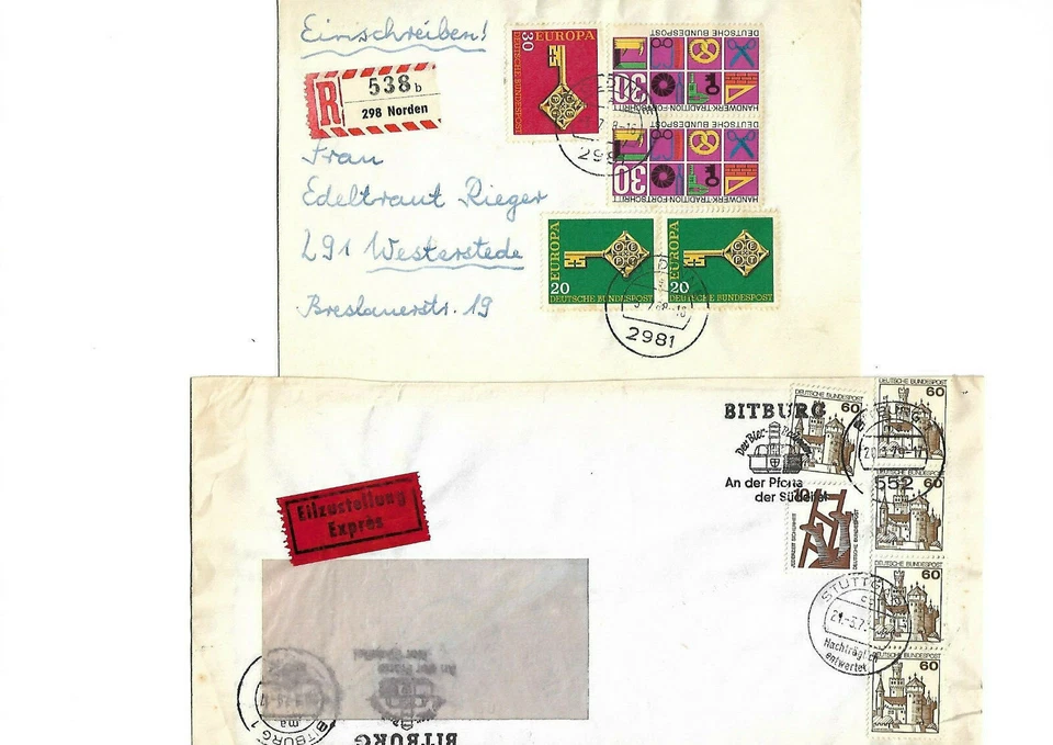 Lot 8x BRD diverse Briefe mix R-Zettel V-Zettel Eilzustellungen Expres ; 60524 - Bild 3 von 4