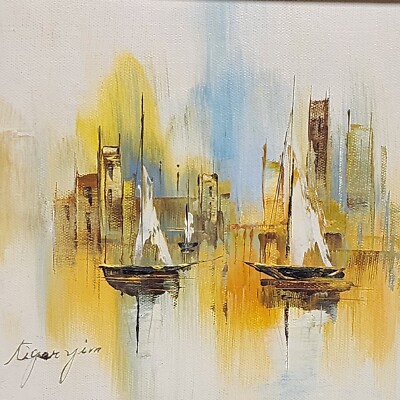Vintage Signed Tiger Yim Framed Nautical Ships at Sea Oil Painting
