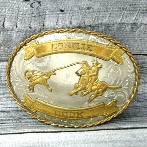 Western Calf Roping Trophy Belt Buckle Rodeo Nickel Silver Vintage 80s   .CVB320 - Image 2 of 4