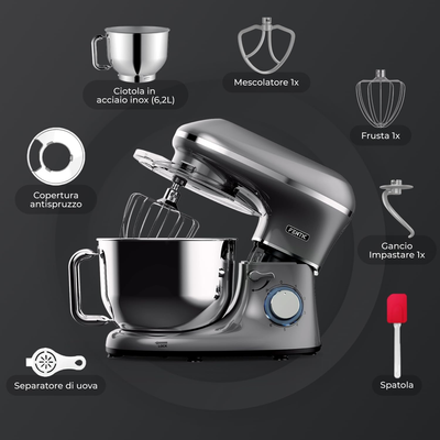 Impastatrice Planetaria 1500W Con Ciotola 5L - Acciaio Inox, 10 Velocità, Gancio, Frusta, Battitore - Foto 5