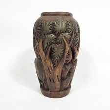 Vintage Wooden Hand Carved Elephants Vase 8.25" Tall Very Interesting Piece