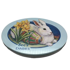 Vintage 2000 See's Candies Collectible Tin Easter Bunny Rabbit Egg Flowers Empty