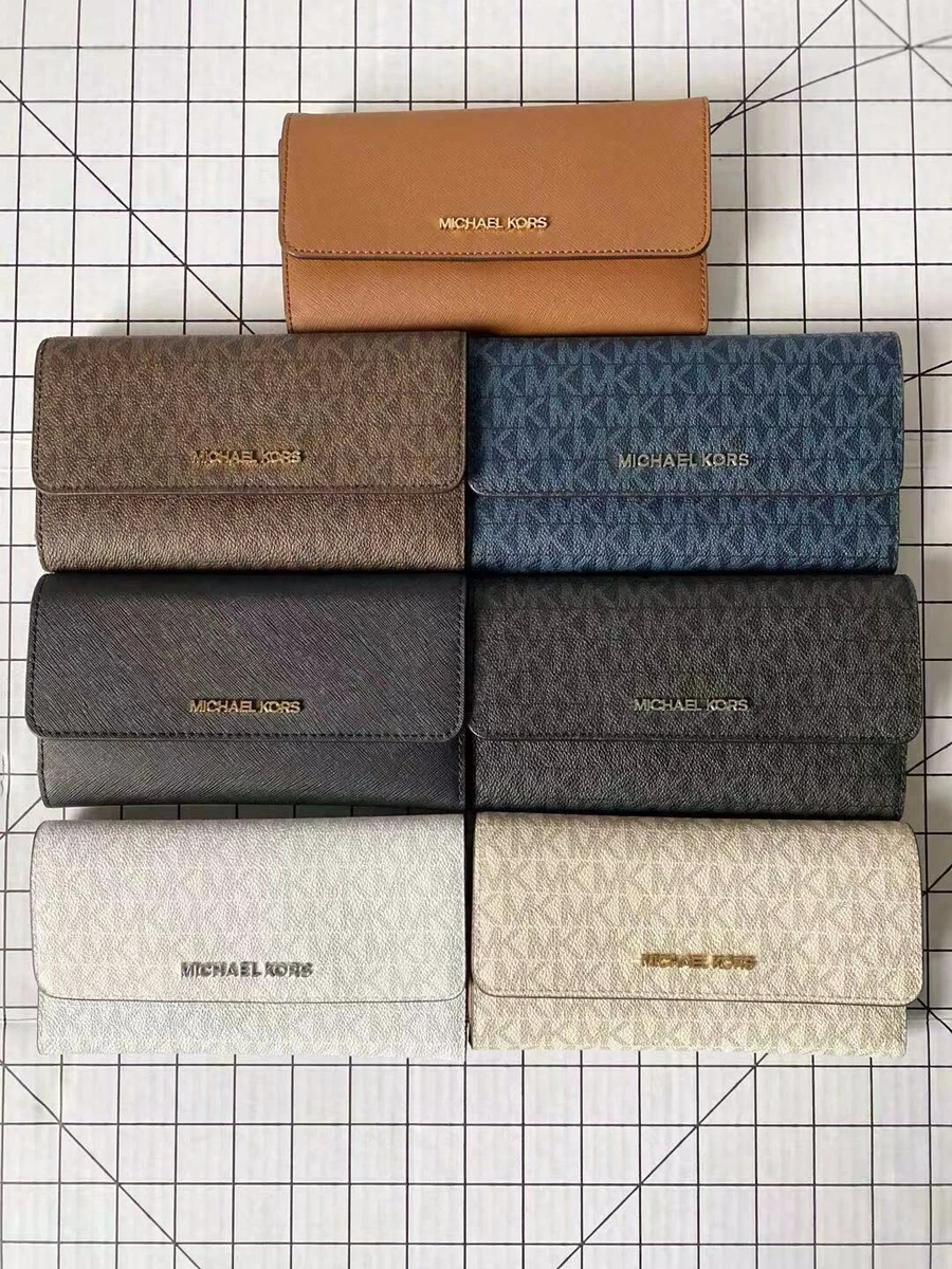 Michael Kors, Bags, New Michael Kors Jet Set Travel Large Brown Signature  Logo Trifold Wallet Clutch