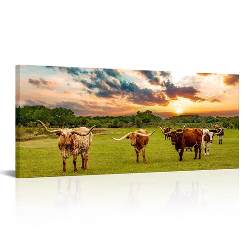 Texas Animal Canvas Wall Art Longhorn Canvas Pictures Highland Cattle in Suns...