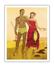 Fisherman - Hawaii - Royal Hawaiian Hotel - Vintage Color Aquatint Etching 1940