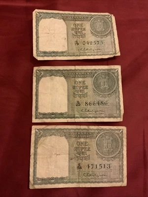 Vintage Set 3x 1951 India One Rupee Notes ₹1 Banknotes Circulated Fair Condition - Image 1 of 4