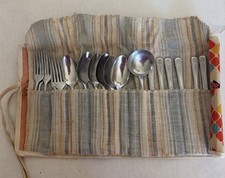 Vintage Child's Toy Aluminum Flatware Utensil Silverware Set Germany In Pouch