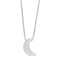 925 Sterling Silver Crescent Moon Pendant with Diamonds on 18 Inch Box Chain