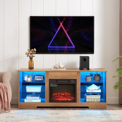 58'' Electric Fireplace TV Stand W/Glass Shelves Power Outlet for TV Up To 32-62''