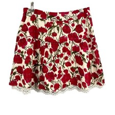 ANNA SUI for Anthro Mini Skirt Cream with Red Floral Lace Hem Cotton Silk Size 6