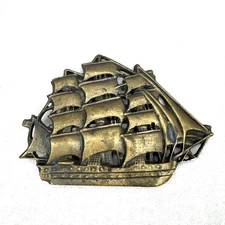 Vintage Clipper Ship Belt Buckle Brass Bronze Tone Metal Galleon Nautical Large