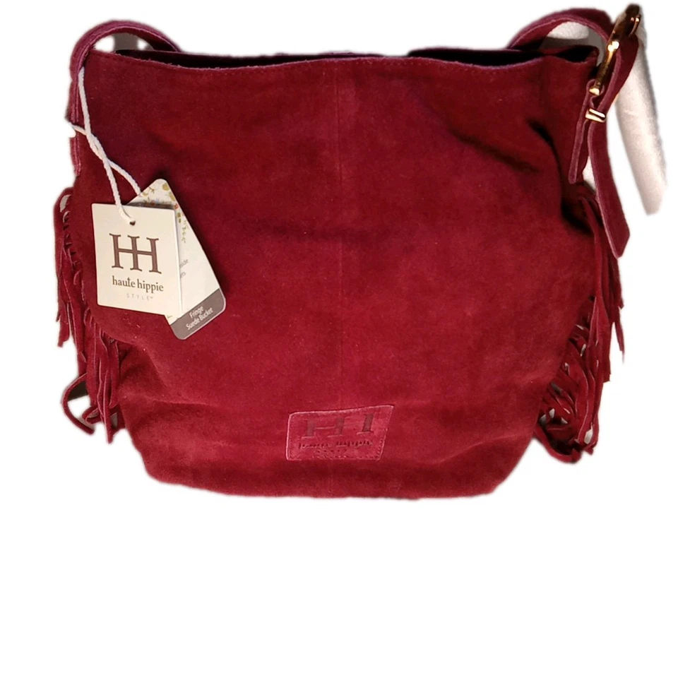 Nuevo con etiquetas Bolso Cubo Gamuza Genuino Flecos Alto Hippie Monedero Granate Oscuro Dorado Herrajes Foto 2 de 4